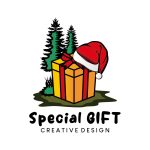 christmas gift logo design illustration of christmas gift with santa claus hat and fir tree vector