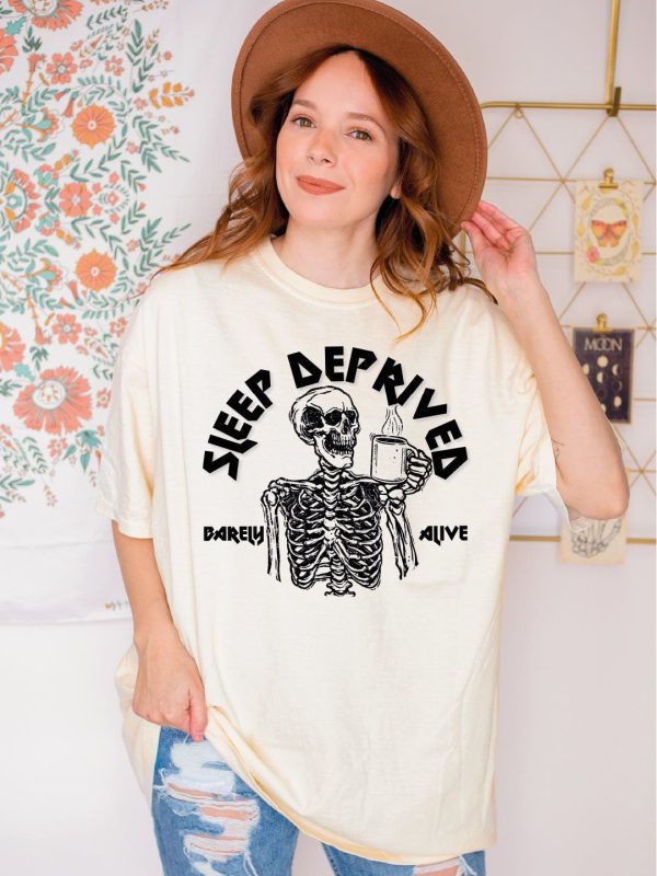 Funny Skeleton Comfort Colors Shirt, Coffee Comfort Colors Shirt, Sleep Deprived Barely Alive Shirt, Caffeine Lover Shirt, LS485