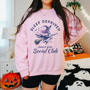 sleep deprived barely alive halloween sweatshirt social club spooky season sweater skeleton witch chronic fatigue spoonie gift for new mom 2 88DIy