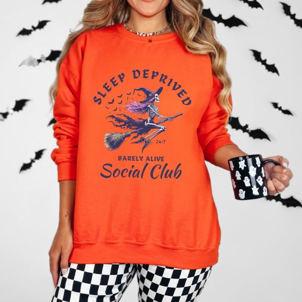 Sleep Deprived Barely Alive Halloween Sweatshirt Social Club Spooky Season Sweater Skeleton Witch Chronic Fatigue Spoonie Gift For New Mom