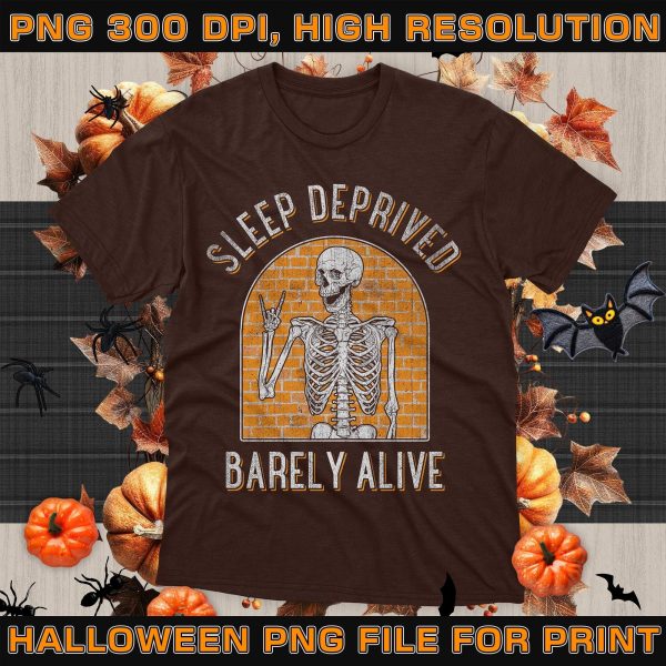 Sleep Deprived Barely Alive Skeleton Say Hi Old Orange Wall Diy Poster, Tshirt Png File T-shirt Print Vintage Style