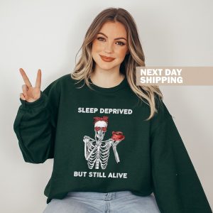 sleep deprived but still alive sweatshirt funny mom sweatshirt new mom funny skeleton sweater coffee lovers gift vintage crewneck women 4 Sgm1R