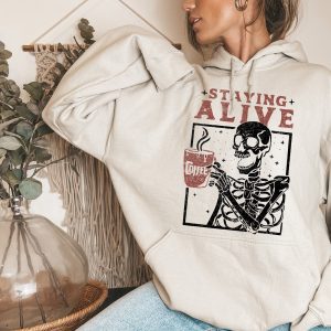 staying alive coffee sweatshirt trendy sweatshirt funny skeleton sweatshirt halloween vintage sweater for women stay oversized crewneck 2 N4eh3