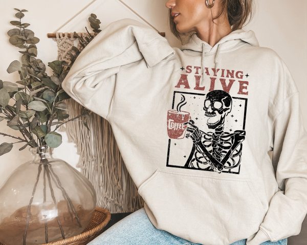 Staying Alive Coffee Sweatshirt, Trendy Sweatshirt, Funny Skeleton Sweatshirt, Halloween Vintage Sweater for Women Stay Oversized Crewneck