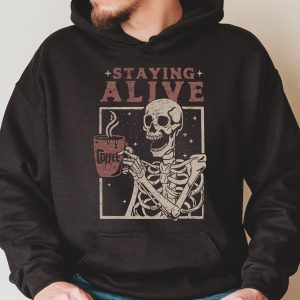 staying alive coffee sweatshirt trendy sweatshirt funny skeleton sweatshirt halloween vintage sweater for women stay oversized crewneck 3 KTFZ5