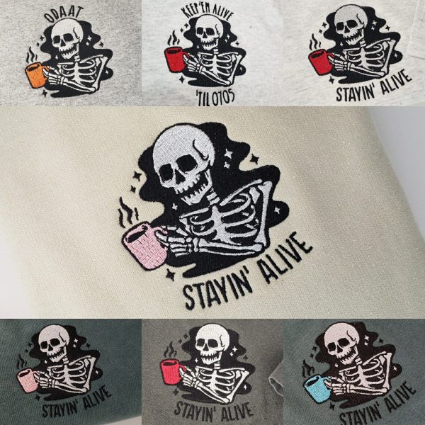 Staying Alive Shirt, Trendy Coffee Shirt, Halloween Skeleton Coffee Tee, Funny Skeleton T-Shirt,  personalized embroidered comfort colors