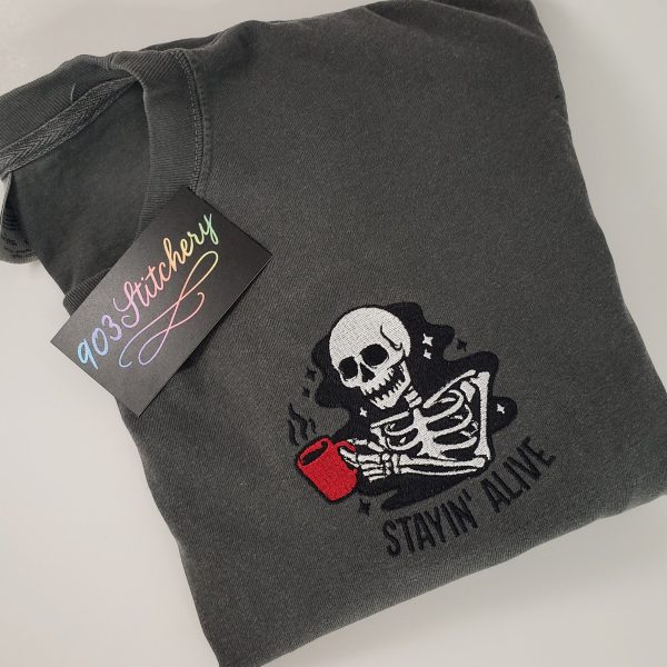 Staying Alive Shirt, Trendy Coffee Shirt, Halloween Skeleton Coffee Tee, Funny Skeleton T-Shirt,  personalized embroidered comfort colors