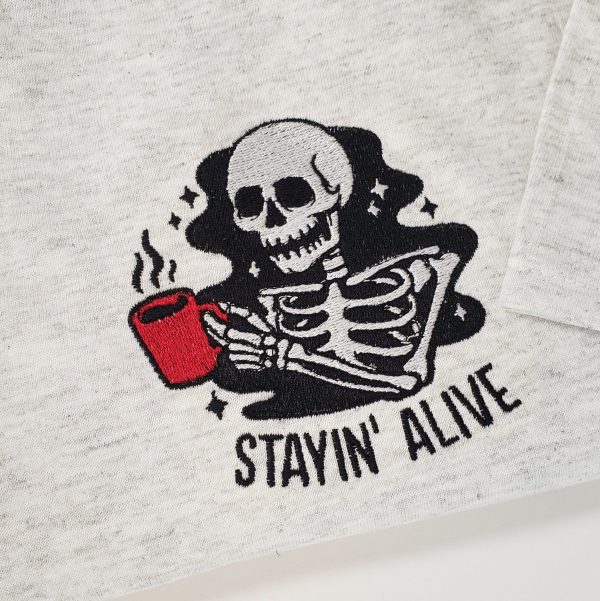 Staying Alive Shirt, Trendy Coffee Shirt, Halloween Skeleton Coffee Tee, Funny Skeleton T-Shirt,  personalized embroidered comfort colors