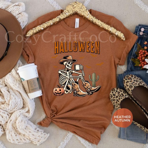 Western Cowboy Skeleton Coffee Shirt, Just Waiting for Halloween Tee, Coffee Lovers Gift, Funny Skull Vintage Tshirt, Holiday Fall Crewneck