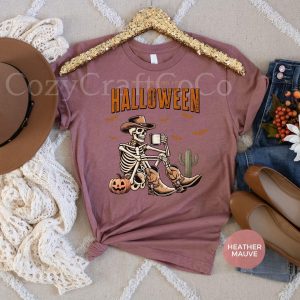 western cowboy skeleton coffee shirt just waiting for halloween tee coffee lovers gift funny skull vintage tshirt holiday fall crewneck 4 LpZwx