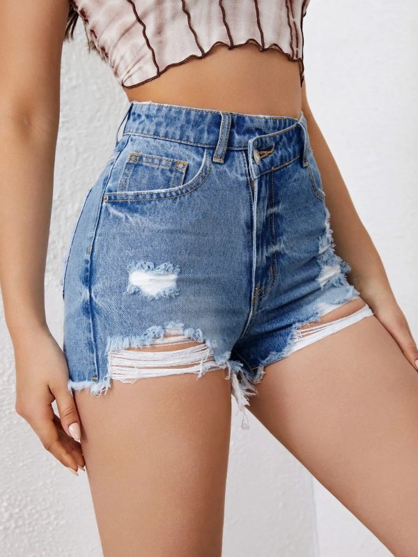 Women’s Asymmetrical High Waist Ripped Distressed Denim Shorts Frayed Raw Hem Jean Shorts