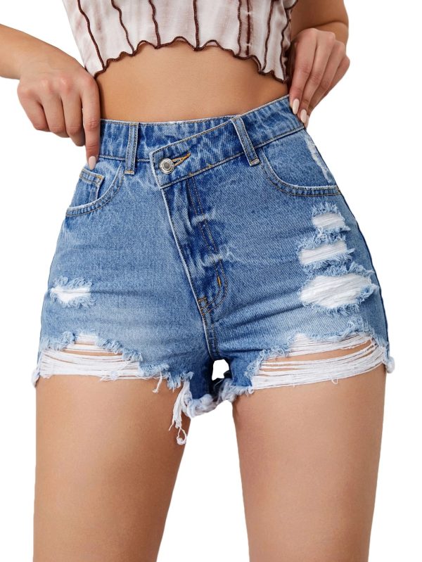 Women’s Asymmetrical High Waist Ripped Distressed Denim Shorts Frayed Raw Hem Jean Shorts