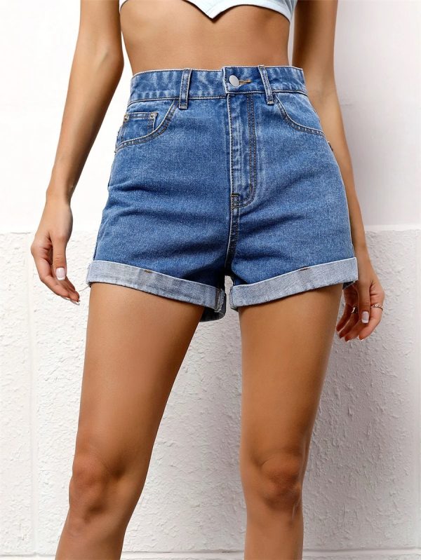 Zipper Fly Roll Up Hem Denim Shorts Women, High Waist Pockets Female Straight Leg Jean Shorts For Woman