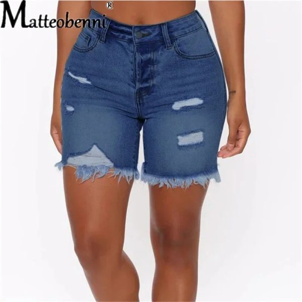 High Waist, Holes Tassel High Elastic Denim Shorts Women