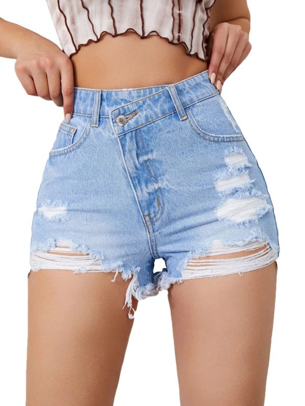 Women’s Asymmetrical High Waist Ripped Distressed Denim Shorts Frayed Raw Hem Jean Shorts