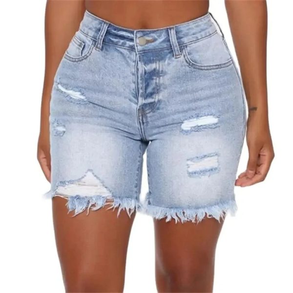 High Waist, Holes Tassel High Elastic Denim Shorts Women